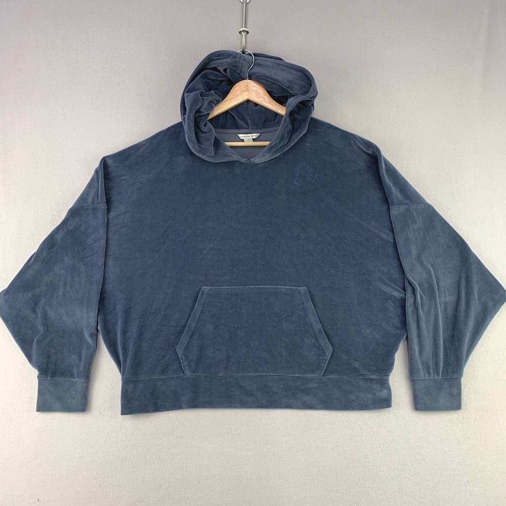 American Eagle Velour Hoodie Women Large Blue Oversized Pullover Boxy Sweatshirt